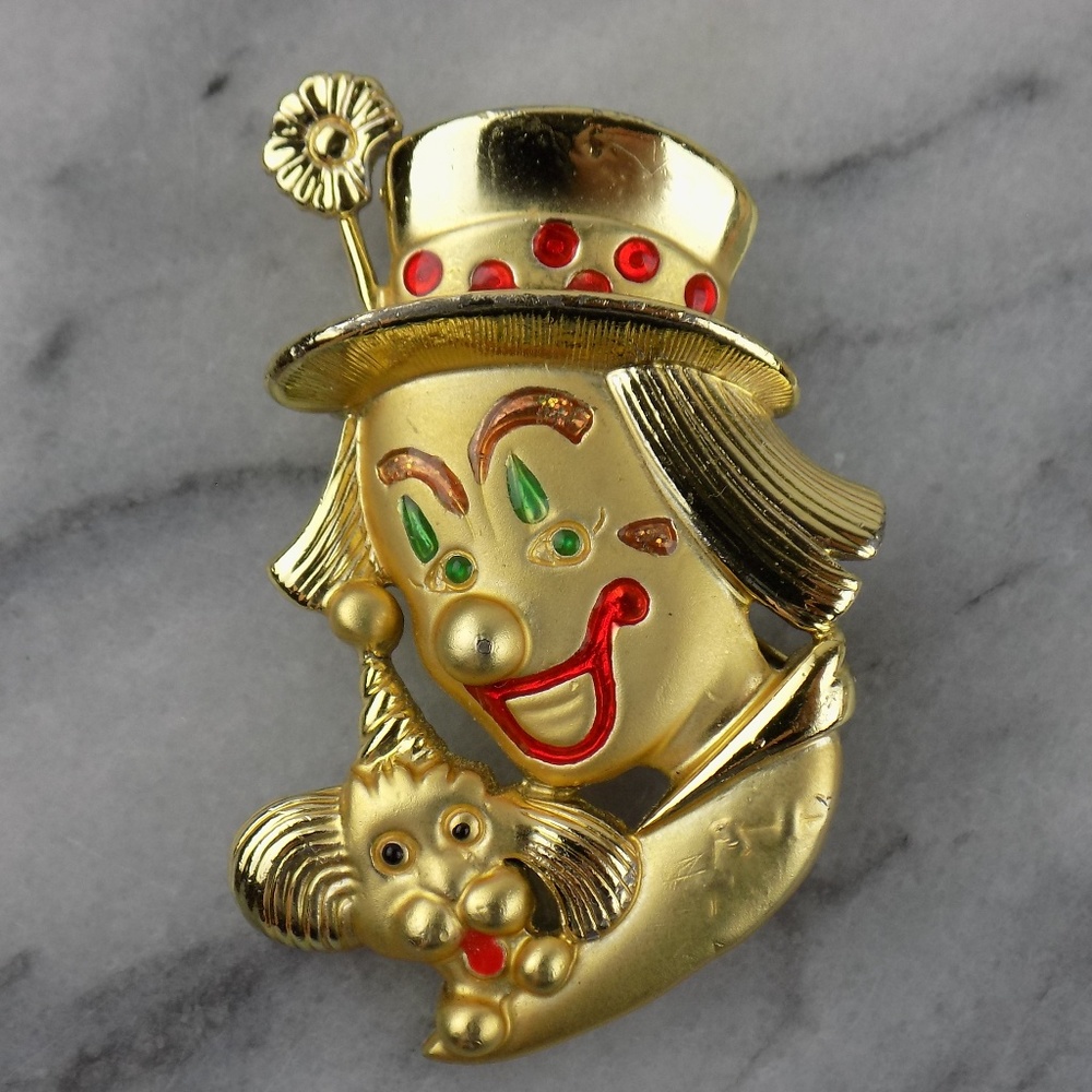 Vintage Danecraft gold tone Clown and Puppy Brooch